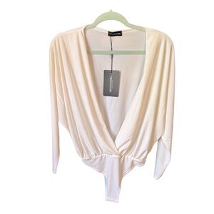 PrettyLittle Thing Cream Long Sleeve Plunge Bodysuit